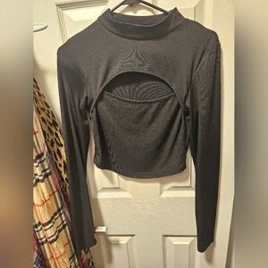 Black Long Sleeve Cutout Top